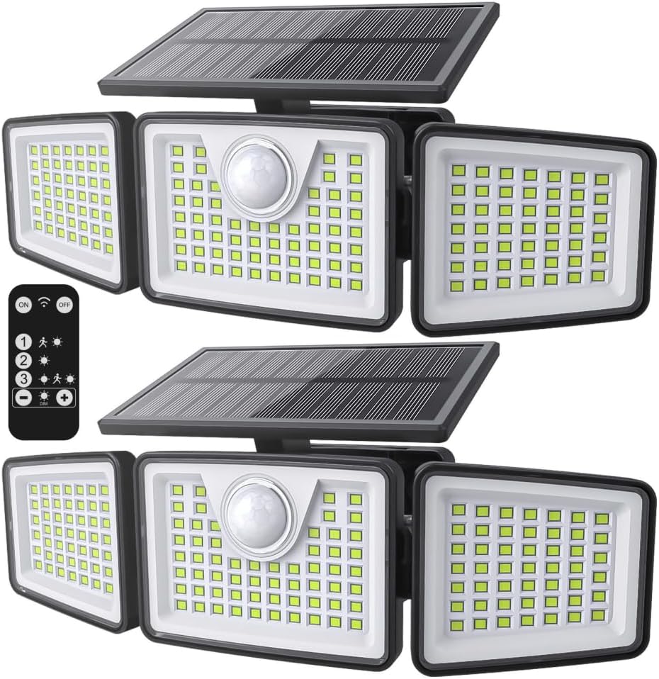 Luces solares exteriores daphino de 2500 lúmenes con sensor de movimiento, 3 cabezales, ángulo amplio de 270°, alumbrado público, iluminación de seguridad impermeable IP65 con 3 modos (control remoto, 2 unidades).