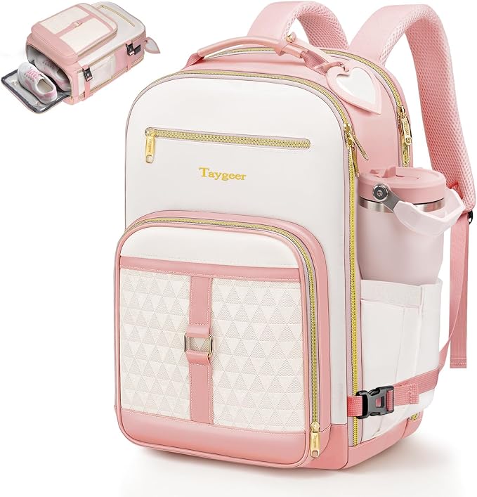Taygeer Mochila 40x30x20 para Ryanair Mujer con Zapatero, Mochila Viaje 40x30x20 Travel Backpack con Etiqueta de Equipaje para Portátil 15.6 Pulgadas para Ocio, Viaje, Trabajo, Rosa