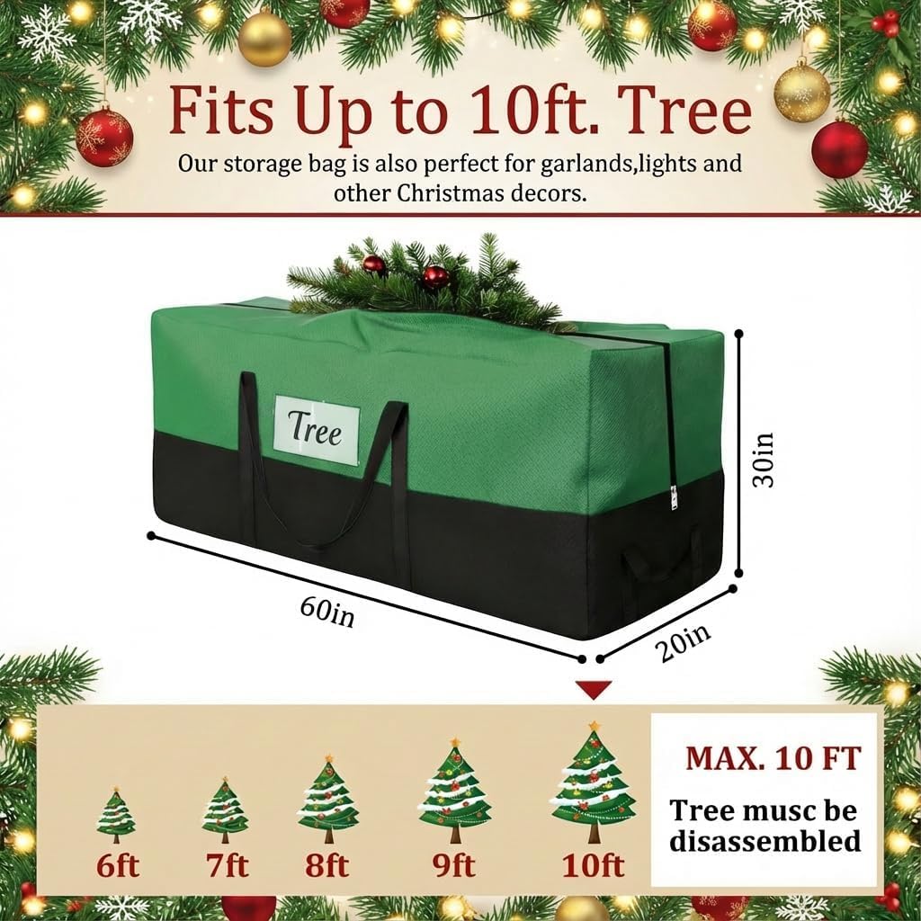 Bolsa de Almacenamiento para Árbol de Navidad 10-12 Pies – Oxford 600D Verde con Bolsillo Transparente
