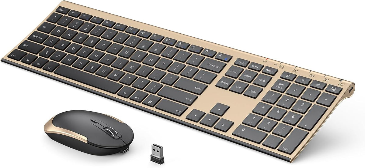 Teclado y Mouse Inalámbricos Vssoplor | Combo 2.4GHz Recargable, Compacto y Silencioso, Tamaño Completo | Receptor Nano USB | para Windows, Laptop y PC | Negro Dorado