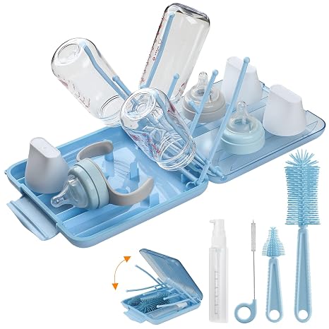 Juego de cepillos de limpieza de botellas 6 en 1 con cepillo de silicona para botellas, cepillo para pezones, cepillo para pajilla, dispensador de jabón, estante de secado para biberones y botellas