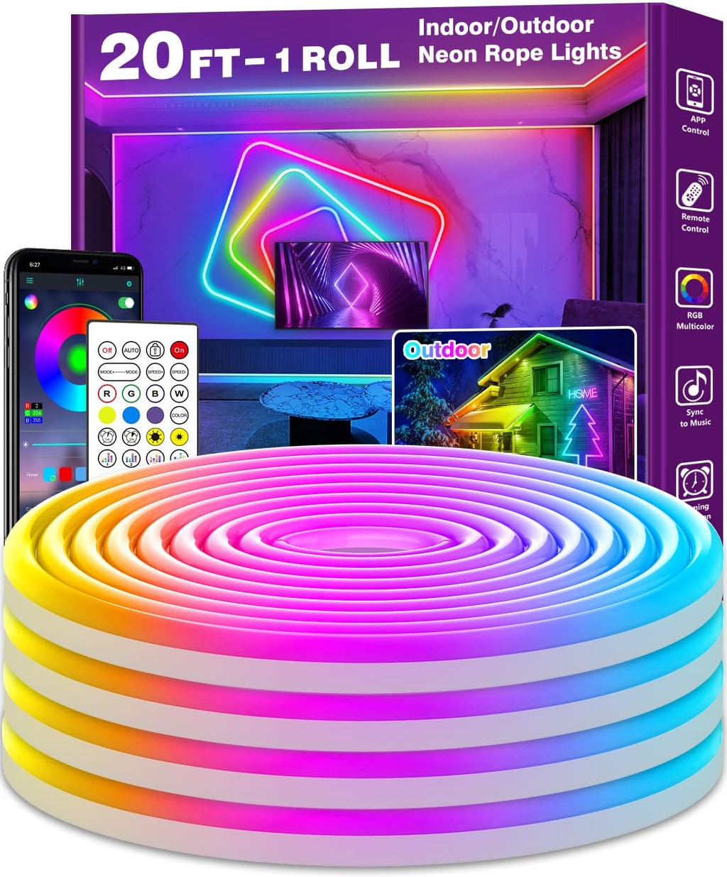 AILBTON Guirnalda de luces de neón de 6 metros, luces LED flexibles con control mediante aplicación/remoto, múltiples modos de sincronización musical, luces de neón LED RGB para dormitorio y exteriores.