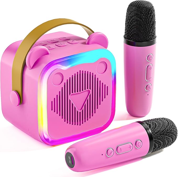 Mini máquina de karaoke para niños: altavoz portátil de juguetes para cantar con 2 micrófonos inalámbricos para niñas y niños de 3 a 12+ años (rosa-rojo)