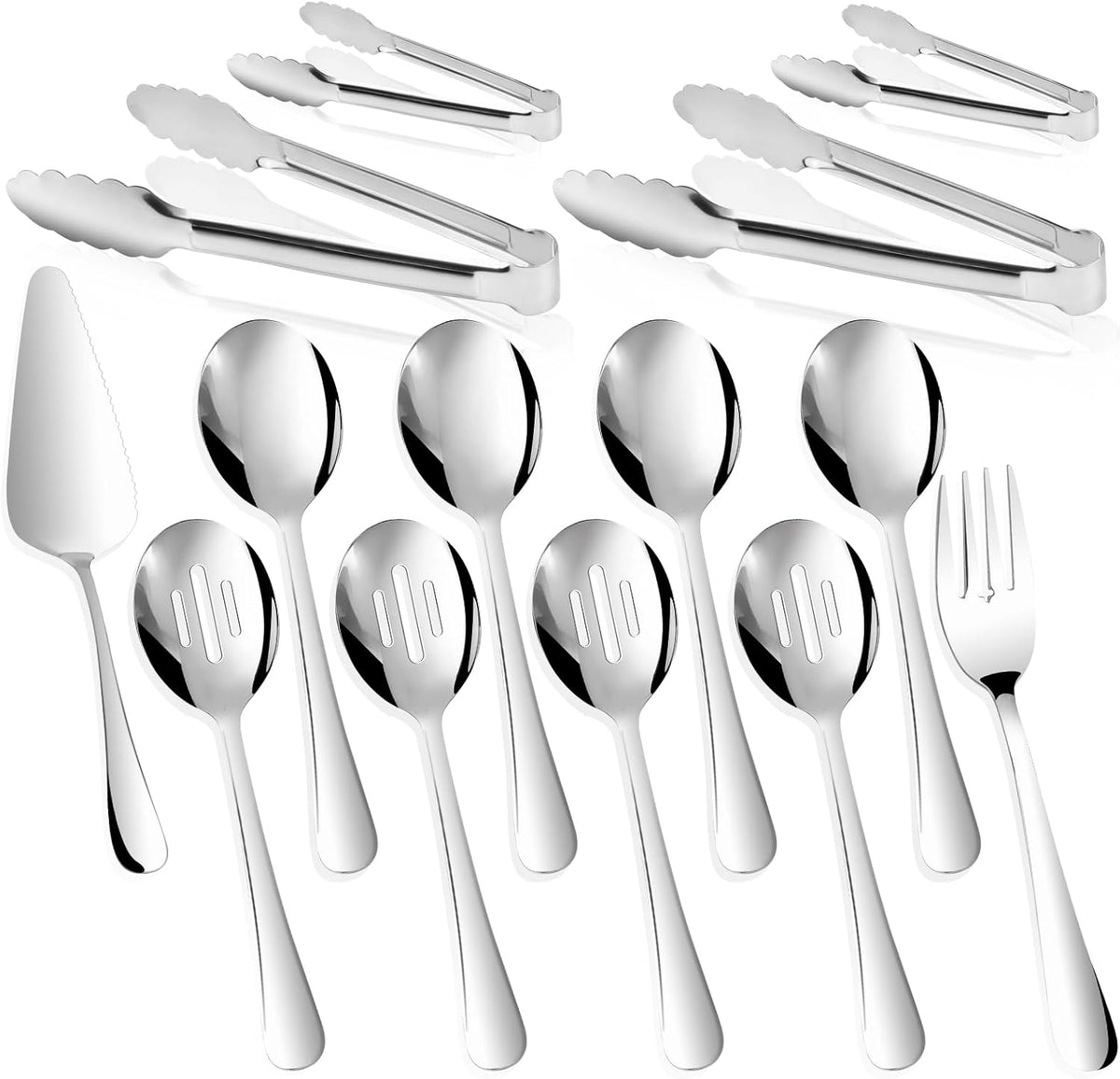 Juego de 14 utensilios para servir - Juego de utensilios para anfitrionas, acero inoxidable de primera calidad, 22 cm (8,7 pulgadas), cucharas ranuradas, tenedor, pinzas, pala para pastel o tarta para buffet, bodas y cenas (plateado).