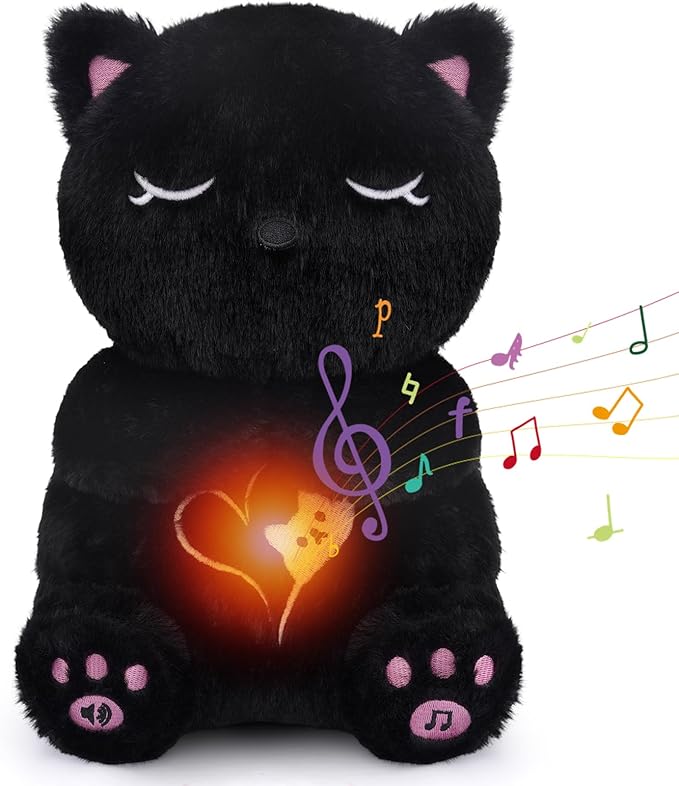 Peluche de gato respirable, de 11 pulgadas, con música calmante, luces, felpa suave para dormir para niños, adultos (modo de 3 niveles y volumen)