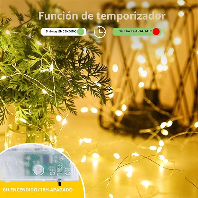Paquete de 4 guirnaldas de luces LED, funcionan con pilas, 5 m, 50 luces intermitentes, temporizador, impermeables, cortables, Navidad, hogares, bodas, cumpleaños, centros de mesa, luz blanca cálida
