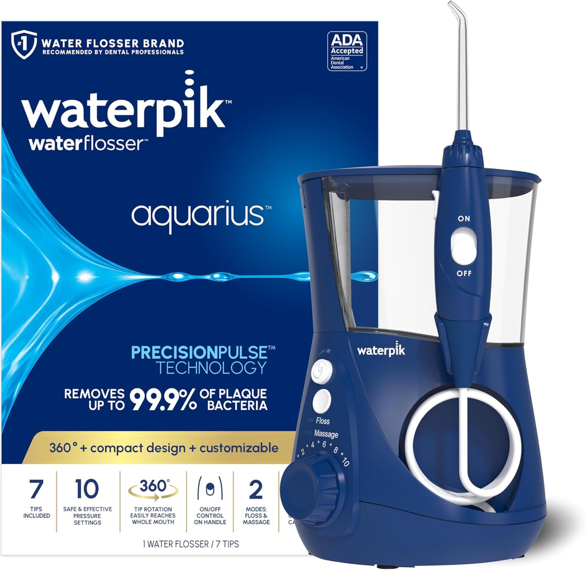 Irrigador Bucal Waterpik Aquarius WP-663 Azul – 10 Ajustes, 7 Boquillas, Aprobado por la ADA para Limpieza Dental, Encías y Ortodoncia