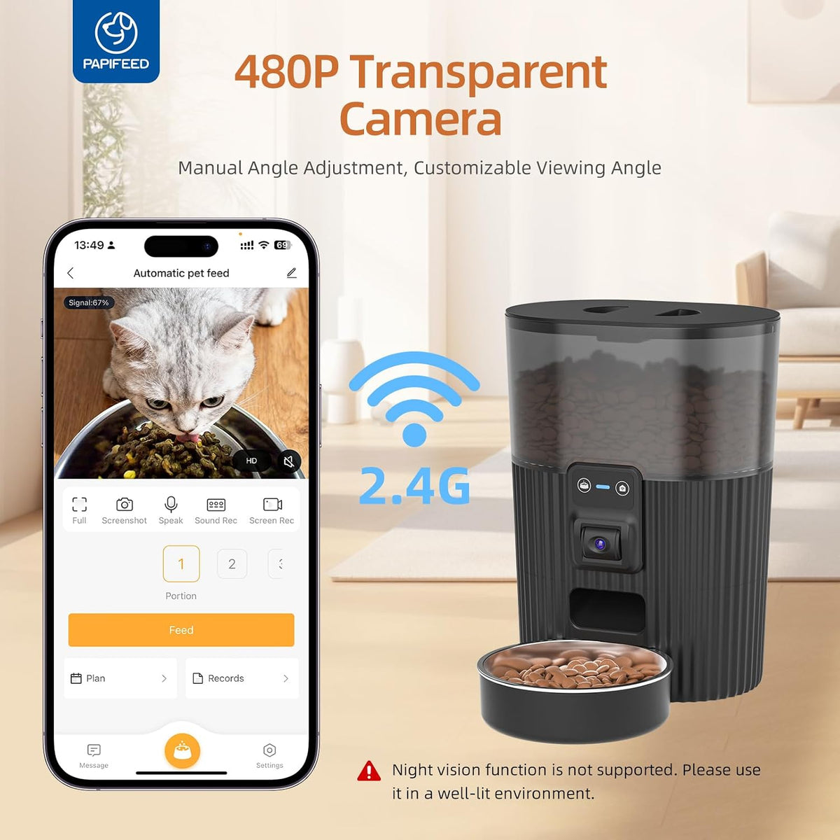 PAPIFEED Comedero automático para gatos con cámara, alimentador automático WiFi para gatos con aplicación, dispensador de alimentos para gatos de alimentación lenta de 3 litros para alimentos secos