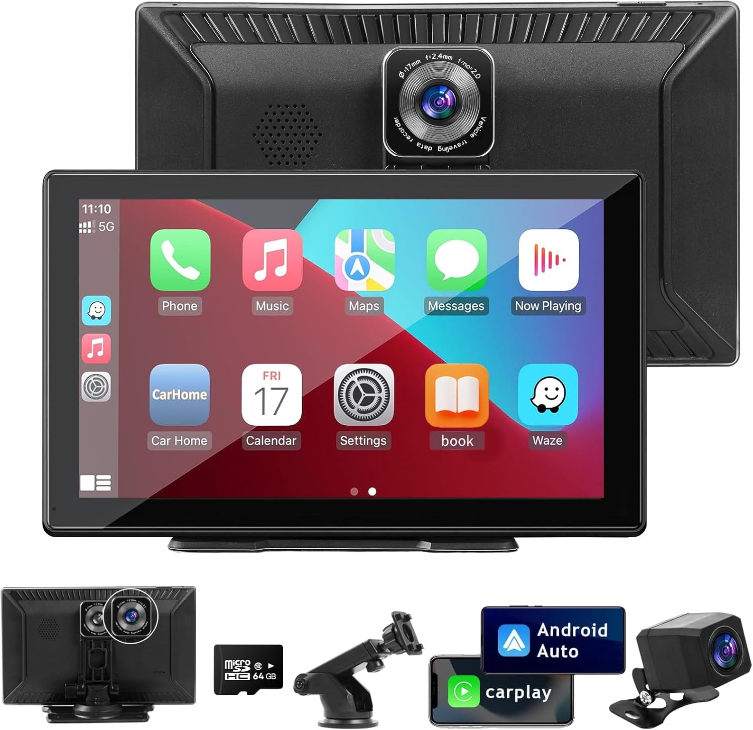 Pantalla CarPlay de 9.3" para coche con cámara de reversa, pantalla inalámbrica de 2.5K, compatible con Android Auto, cámara de tablero portátil, monitor táctil, navegación GPS, transmisor FM Bluetooth, soporte universal, regalo 
