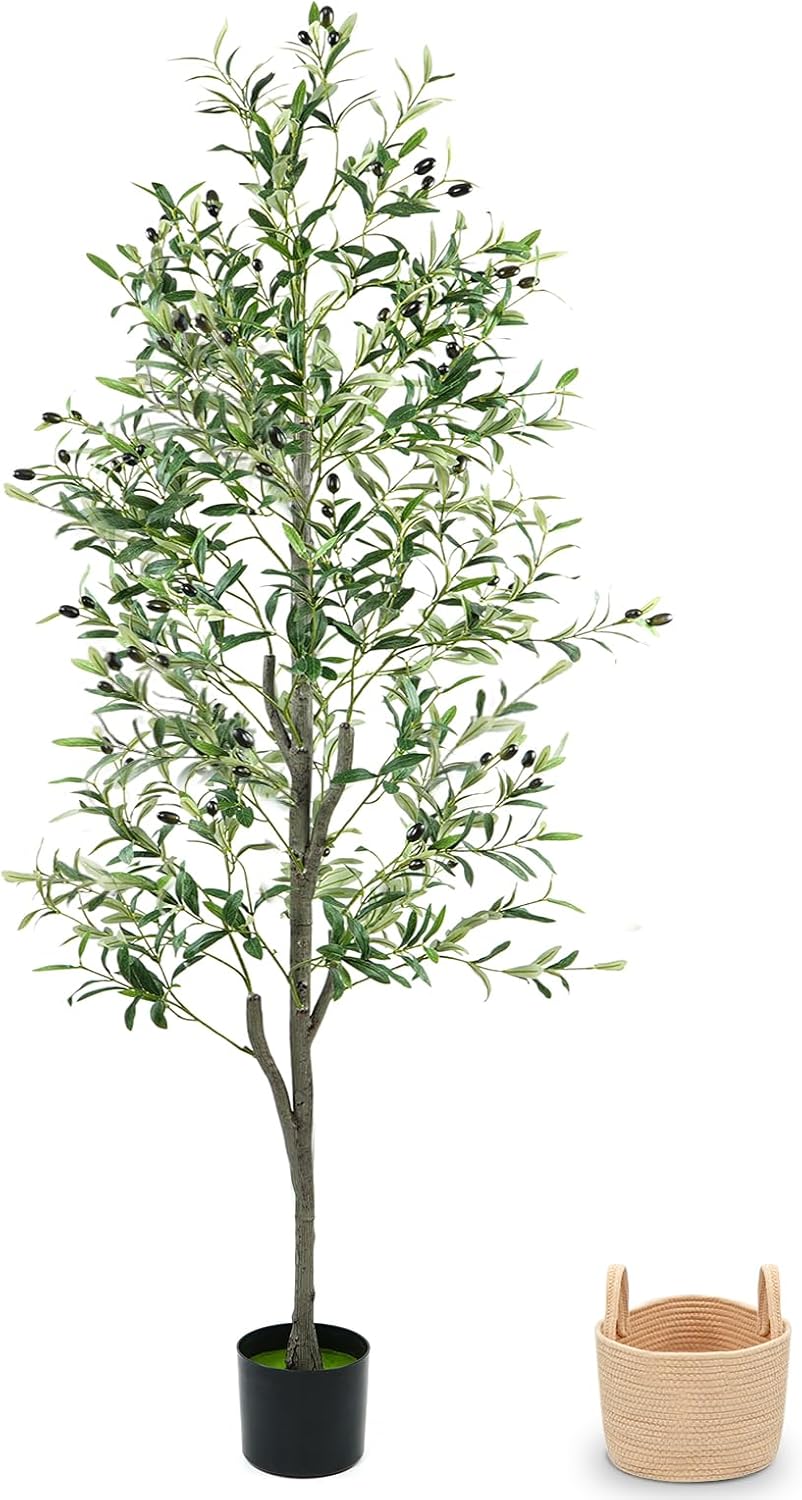 Árbol de Olivo Artificial Zynaro 6 Pies para Interior | Olivo Falso con Cesta Tejida y Tronco de Madera Natural | Hojas y Frutos Realistas | Sin Mantenimiento para Hogar y Oficina
