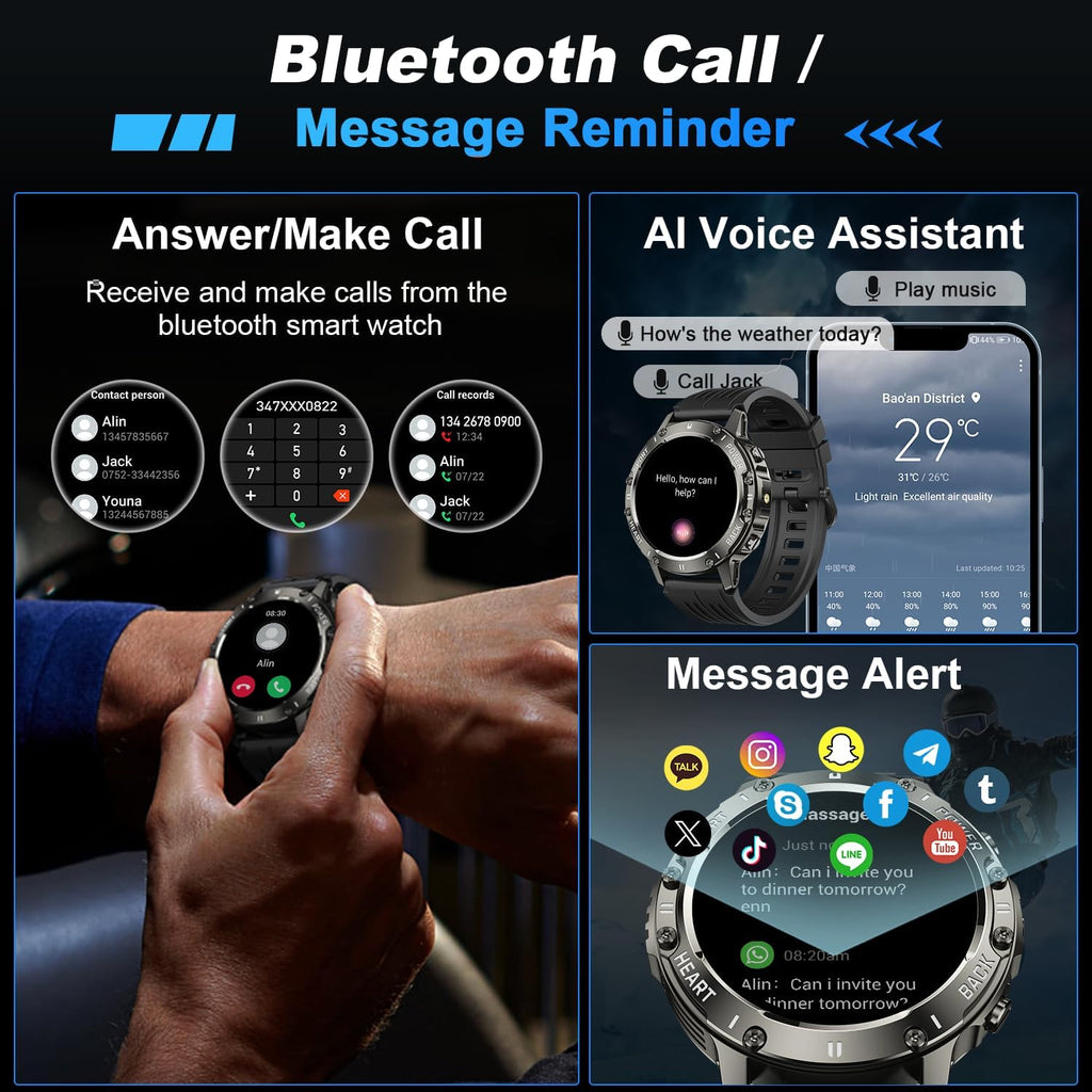 Smartwatch Militar para Hombre — Fitness Tracker, Llamadas, Impermeable, SpO2, Ritmo Cardíaco, Compatible Android e iPhone