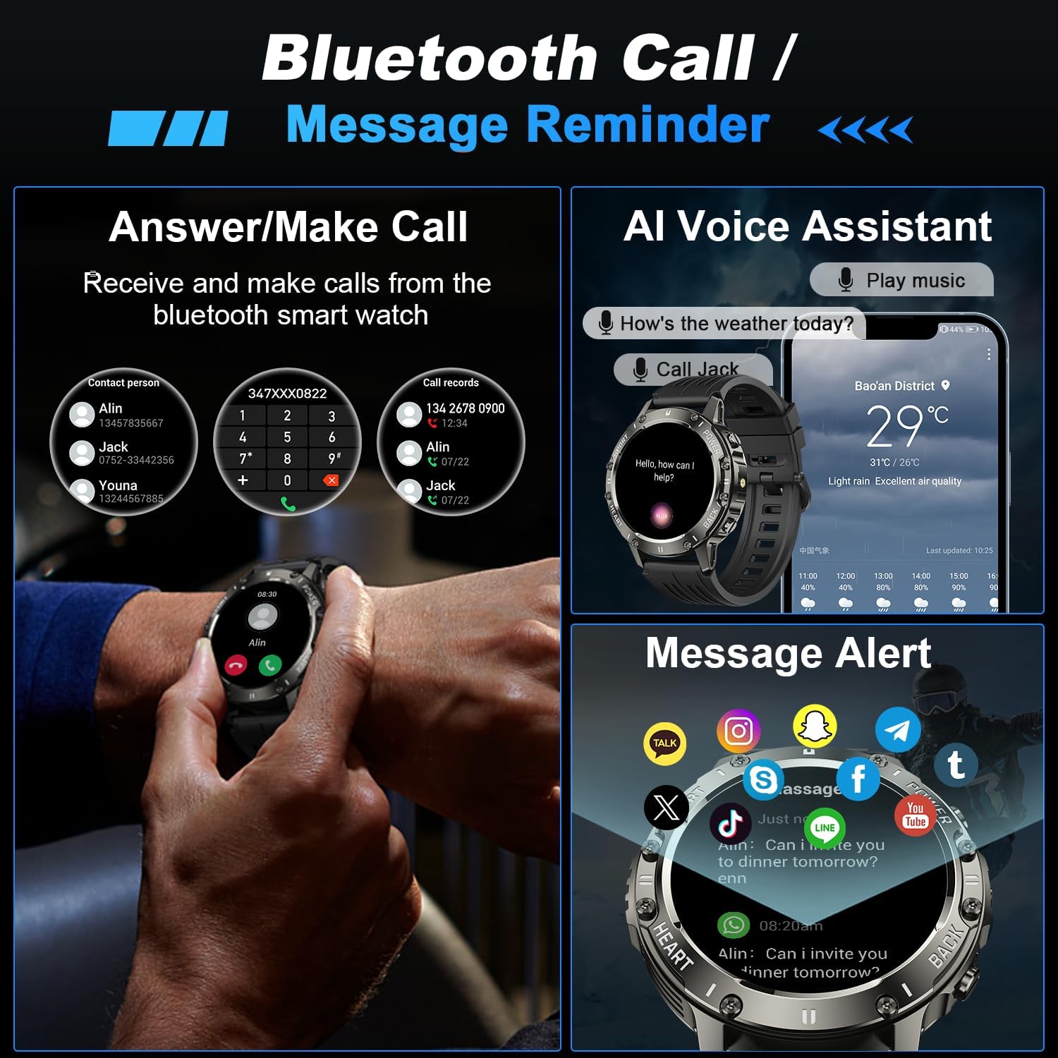 Smartwatch Militar para Hombre — Fitness Tracker, Llamadas, Impermeable, SpO2, Ritmo Cardíaco, Compatible Android e iPhone