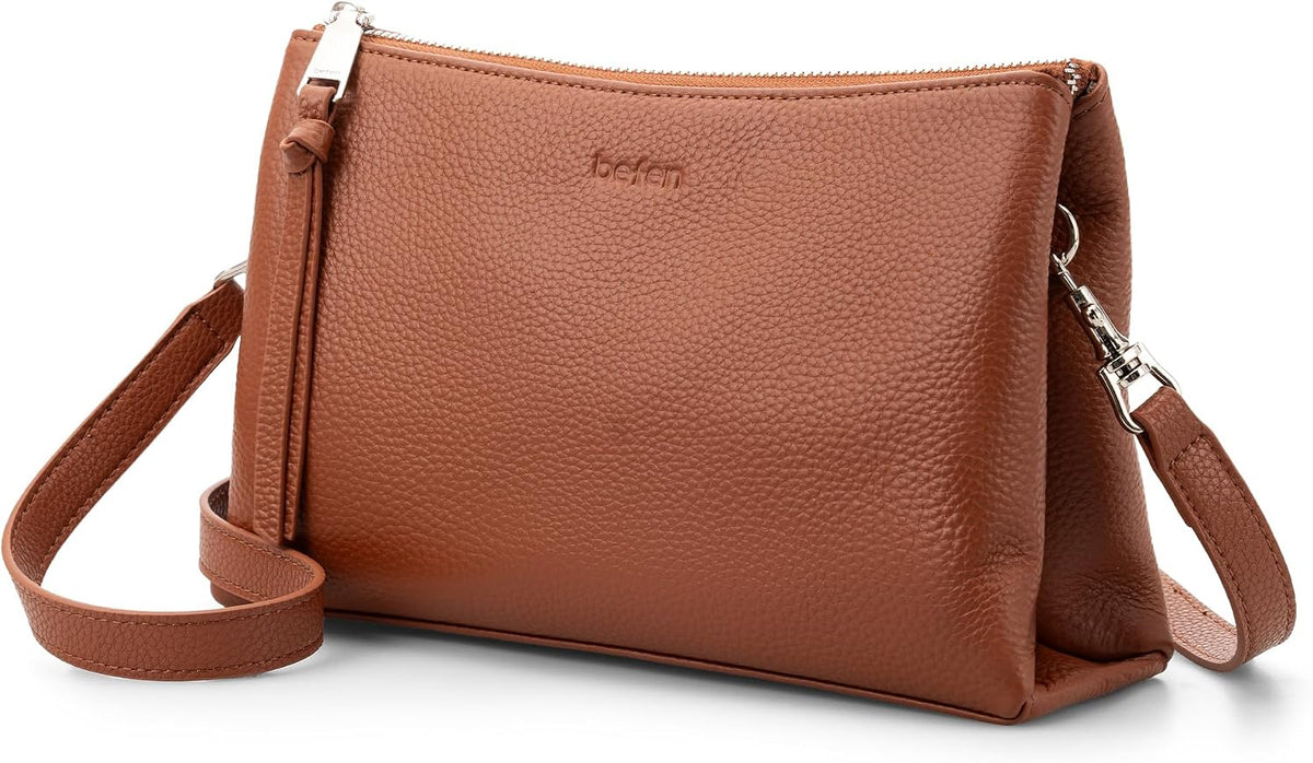 Bolsos cruzados clásicos de cuero Befen para mujer, bolso cruzado pequeño de cuero marrón moderno con ranuras para tarjetas RFID para uso diario.