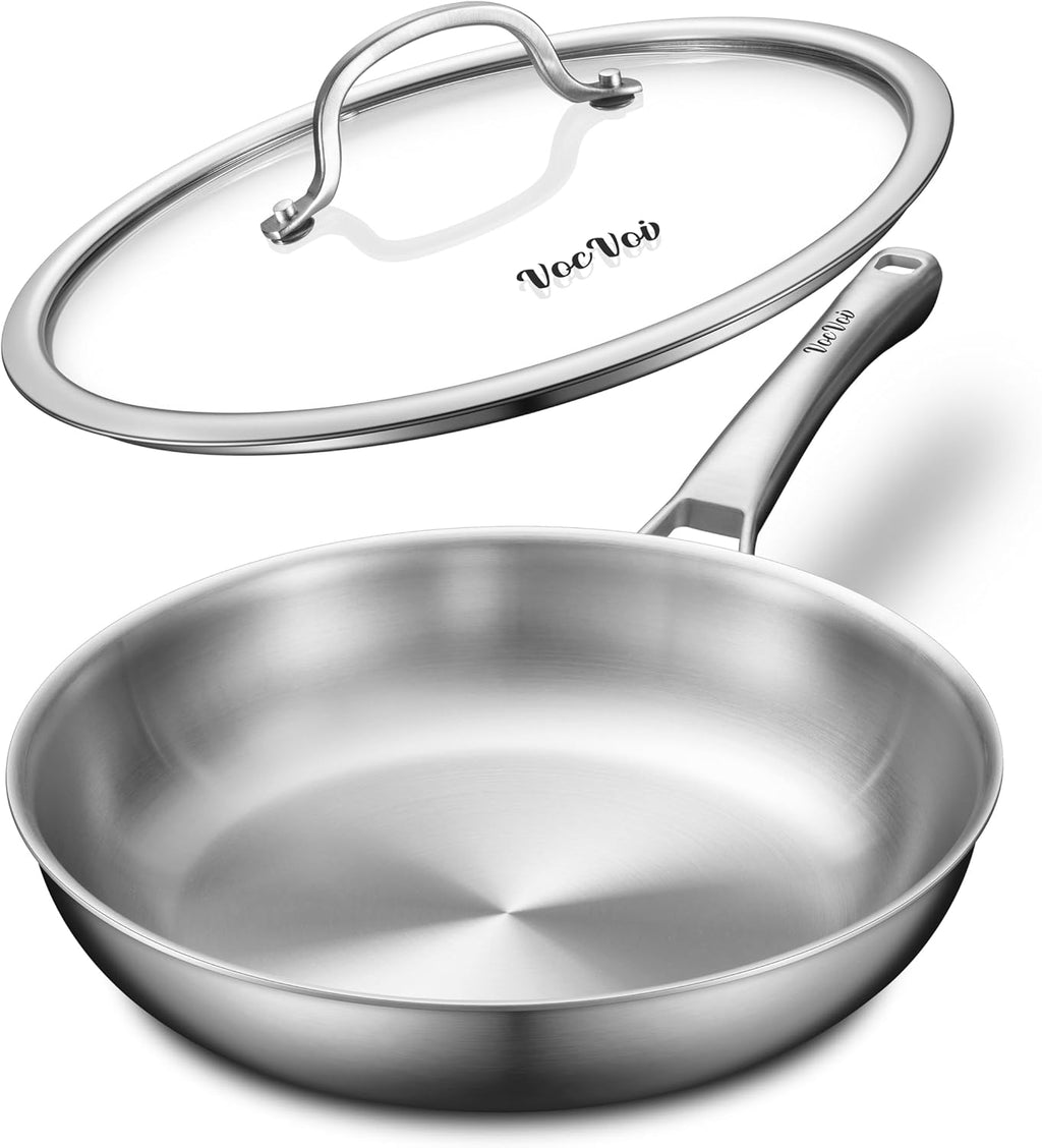 VocVoi Sarten de Acero Inoxidable 12 Pulgadas con Tapa | No Toxica Tri-Ply, Libre de PFOA y PTFE | Apta para Horno, Lavavajillas e Induccion