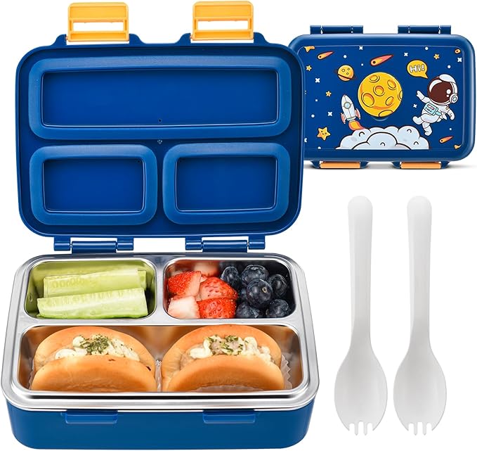 Lonchera Bento para Niños | 3 Compartimentos | Acero Inoxidable | Sin BPA | Diseño Espacial