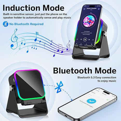 Bocina Bluetooth 5 en 1 con Soporte para Teléfono – Sonido Estéreo, 3500mAh, 8 Luces RGB, Soporte 360° para iPhone/Android/iPad (Negro)