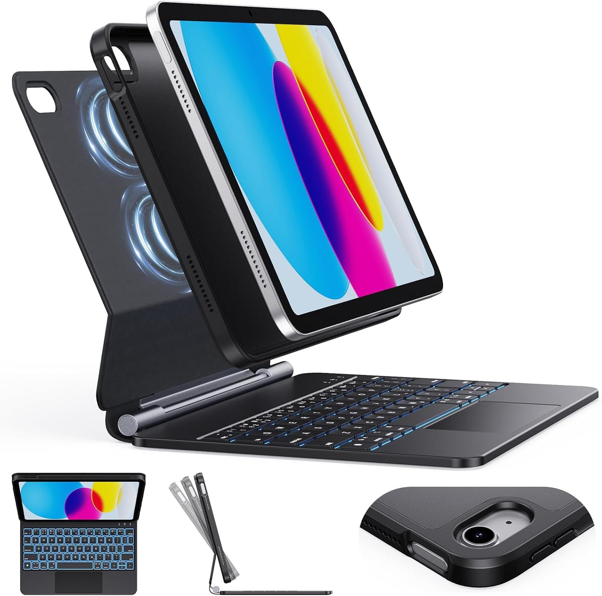 Funda con teclado CHESONA para iPad (A16) de 11.ª generación (2025)/10.ª generación (2022), retroiluminación de 7 colores con funda protectora extraíble, soporte flotante tipo cantilever, modo vertical/horizontal, trackpad inteligente, color negro.