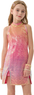 LOLANTA Vestido Disco de Lentejuelas para Niñas, Conjunto Brillante para Baile Hip Hop, Top Morado y Pantalones Cortos (Rosa Mágico, 8-9 Años)