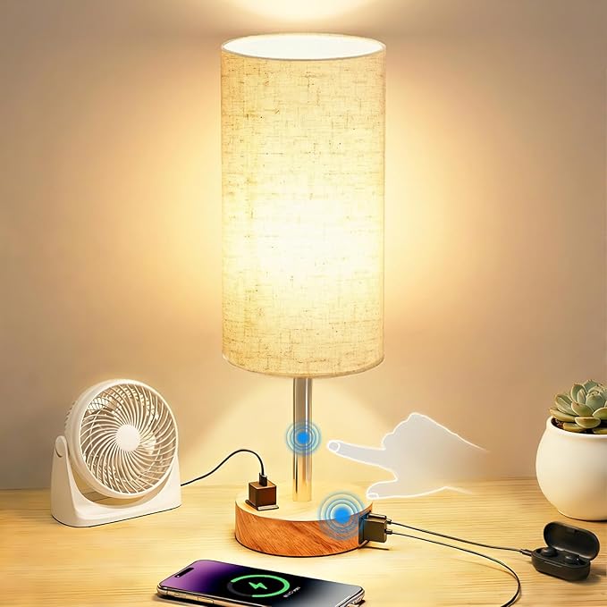 Lámpara de mesa para mesita de noche, táctil de alta sensibilidad, lámpara de noche regulable de 3 niveles con salida de CA | USB | y USB-C, lámpara de noche ideal para dormitorio, lectura, sala de estar (madera y madera)