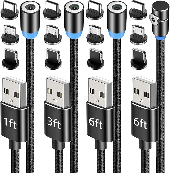 ⚠️ LE FALTA UN CABLE Y 2 CABECILLAS - Terasako Paquete de 4 Cables de Carga Magnéticos 360° con Luz LED, Conector 90°, Nailon Trenzado