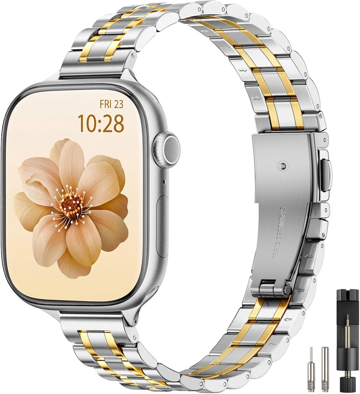 Correa de repuesto delgada STIROLL compatible con Apple Watch de 38 mm, 40 mm, 41 mm y 42 mm (Series 11 y 10), correa de metal de acero inoxidable para hombre y mujer para iWatch Ultra SE Series 9, 8, 7, 6, 5, 4, 3, 2 y 1, color plata y oro.