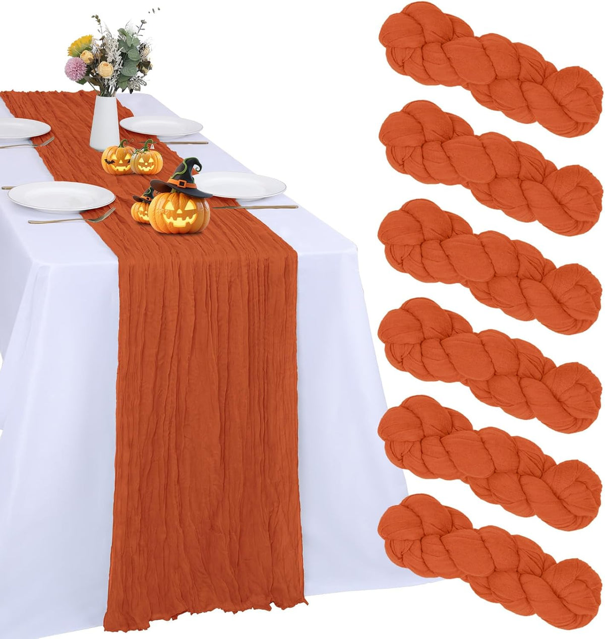 Caminos de Mesa de Gasa Naranja RestfulGlow Pack 6 – 35x120" Estilo Boho Rústico Transparente para Bodas, Fiestas y Baby Shower