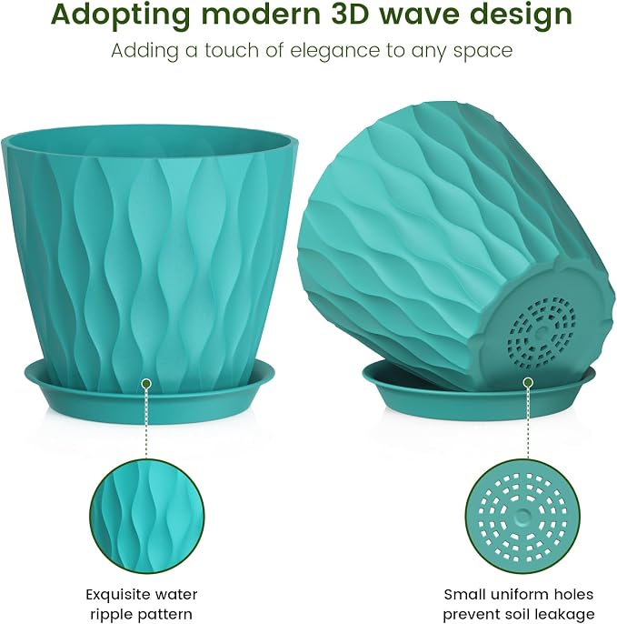 Macetas Meowell 7" Azul Verdoso | Pack de 5 con Drenaje, Platillos y Textura 3D