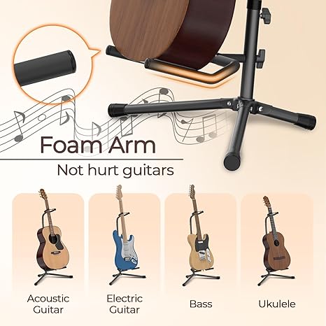 GLEAM - Soporte de guitarra ajustable para guitarra eléctrica, clásica y bajo, capacidad de carga 20LB, accesorios, tipo plegable negro (CG-4)