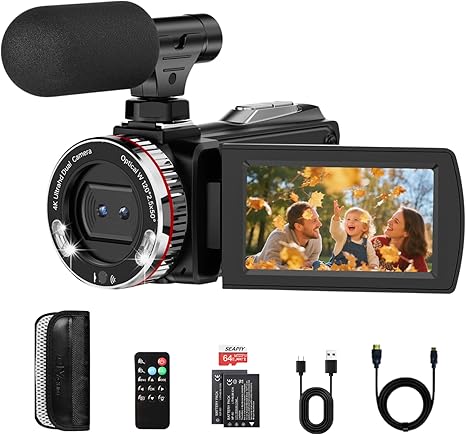ZIMOCE 4K 60FPS Video Camera Camcorder with HDMI Cable, 48MP Vlogging Camera for YouTube, Dual Lens Camera Recorder, 21X Zoom Rotatable Screen Video Recorder with Mic, 2 Batteries &64GB Card (Small)