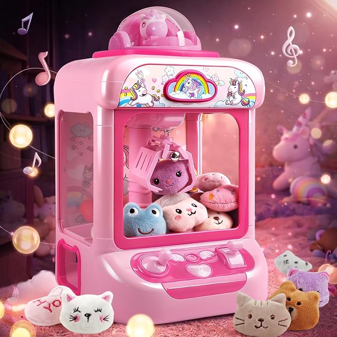 TingingYuli - Máquina de garras para niños, mini máquinas expendedoras de unicornio con agarrador de dulces y dispensador de premios para niñas, juego electrónico de arcade con 20 juguetes de peluche