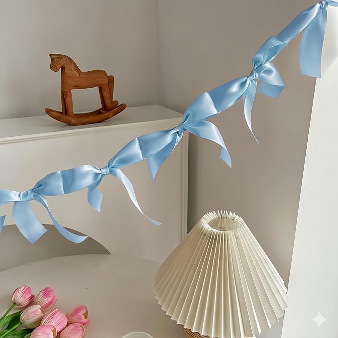 Guirnalda de lazo azul premontada, decoraciones de fiesta listas para colgar de 6 pies para baby baby showers, cumpleaños, revelación de género, no necesita bricolaje, lazos gruesos de satén de seda (azul, 6 pies)