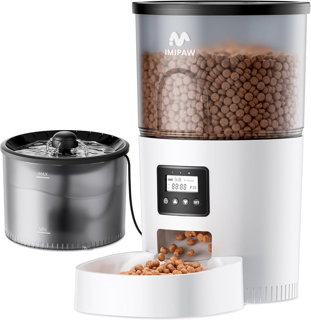 Comedero y bebedero automático para gatos IMIPAW, dispensador de alimento seco con temporizador, control de porciones programable, de 1 a 6 comidas al día, bolsa desecante, bebederos con filtro para mascotas pequeñas (combo de 3 l) 