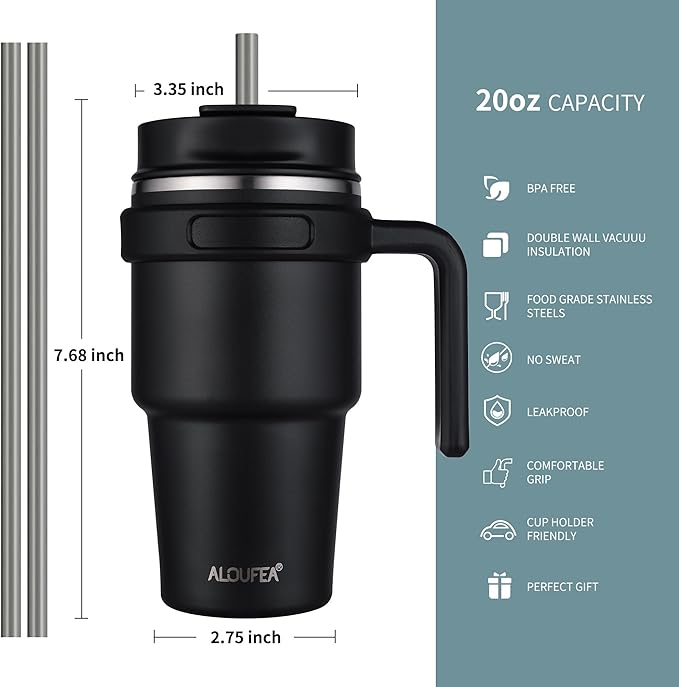 Vaso Térmico con Asa 20 oz de Acero Inoxidable – Tapa 2 en 1, Doble Pared al Vacío, Apto para Portavasos