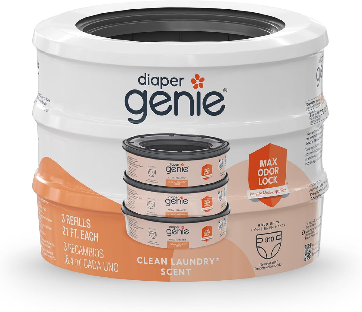 Bolsas de recambio para pañales Diaper Genie, 270 unidades (paquete de 3), aroma a ropa limpia | Recambios para cubo de pañales con máxima protección contra olores | Capacidad para hasta 810 pañales de recién nacido