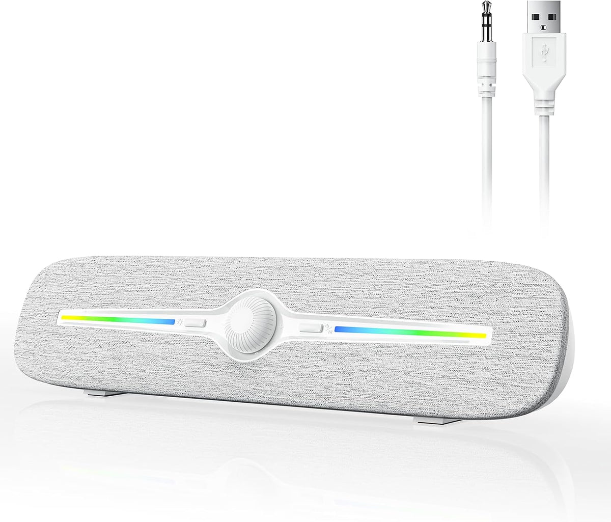 Altavoces para ordenador SOULION para escritorio, altavoz Bluetooth para PC con alimentación USB y luz LED, barra de sonido auxiliar de 3,5 mm con botón de control de volumen giratorio para portátil y monitor (blanco)