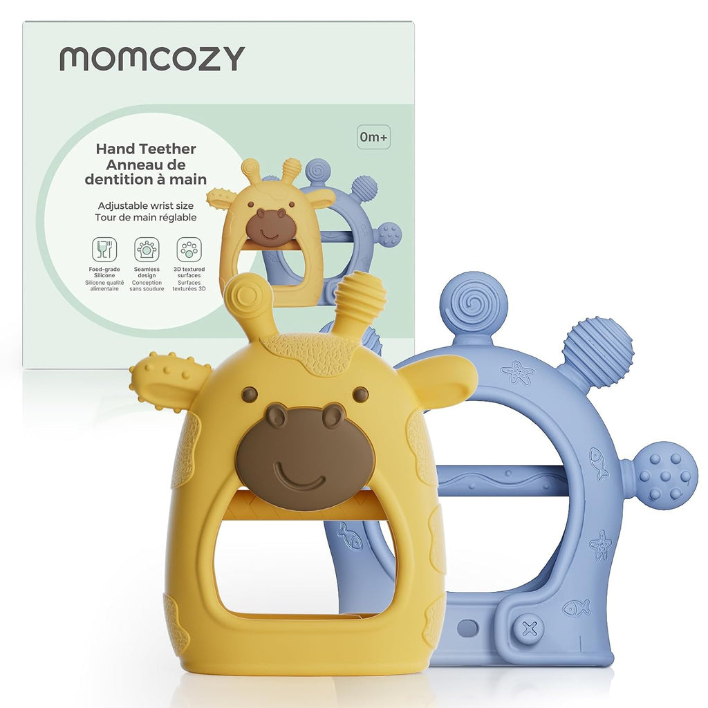 Mordedor para Bebés Momcozy – Silicona Grado Alimenticio, Alivia la Dentición 0-12 Meses, Amarillo y Azul