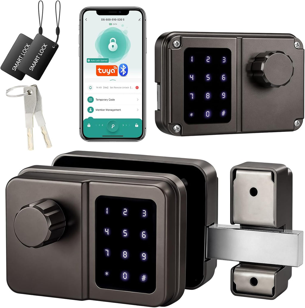 Cerradura de Puerta Inteligente SEPOX Bluetooth, Cerradura Electrónica sin Llave para Verja y Garaje, Tarjeta IC, Código de Acceso y Llave Mecánica, Impermeable, Pantalla Dual, Gris