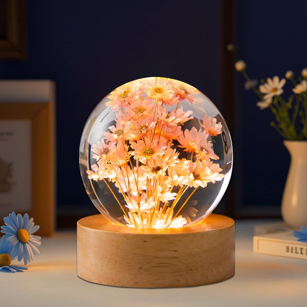 Regalos decorativos Daisy, lámpara de noche con forma de flor de margarita y bola de cristal, lámpara de bola de cristal de 6 cm con base de madera LED, iluminación blanca cálida y suave para mujeres, mejores amigas, hermanas (rojo)