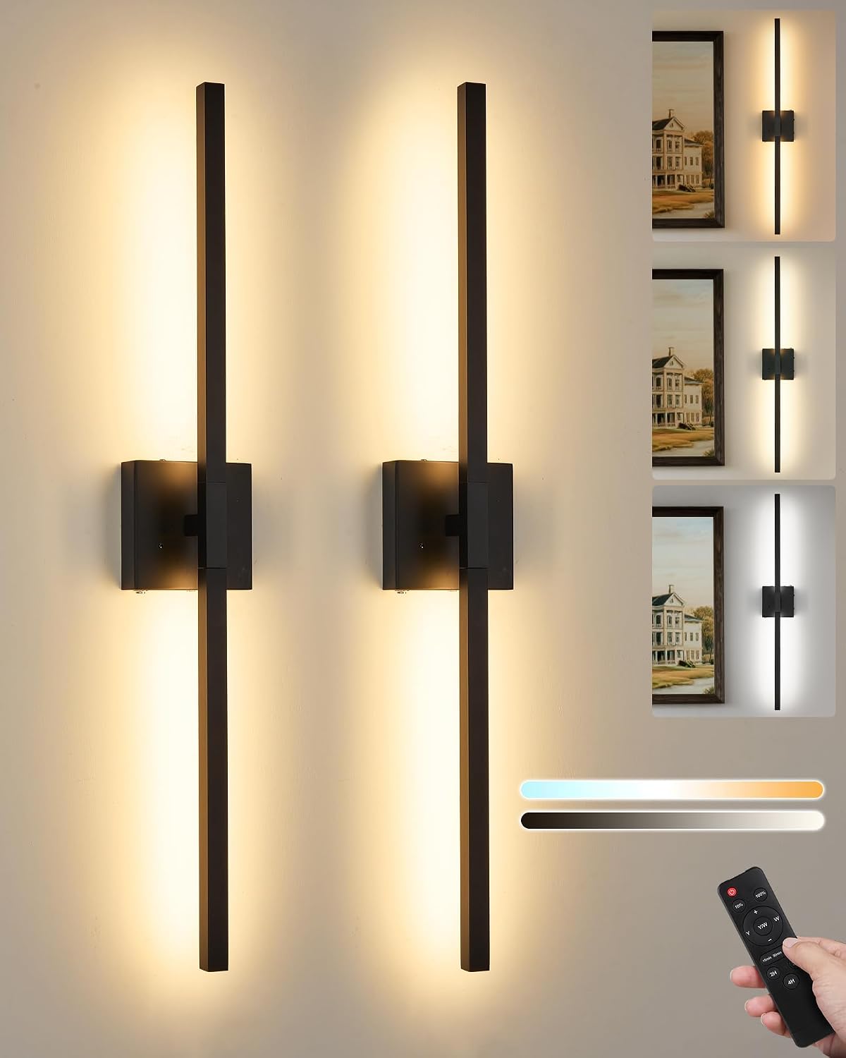 Apliques de Pared LED Recargables 8000 mAh con Mando a Distancia – Pack 2, 81 cm, Negro