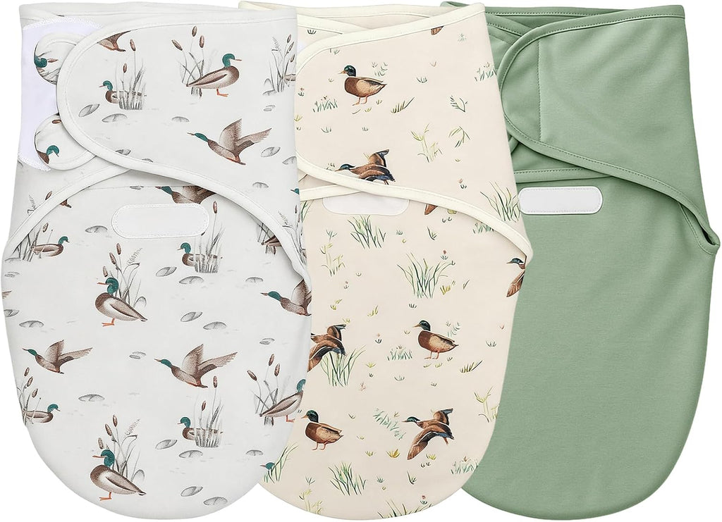 Oudain Juego de 3 mantas para envolver bebés con diseño de pato ánade real, de algodón orgánico, ajustables, para bebés de 0 a 3 meses. Regalo ideal para recién nacidos. Mantas suaves y transpirables para la habitación del bebé. Para niño y niña.