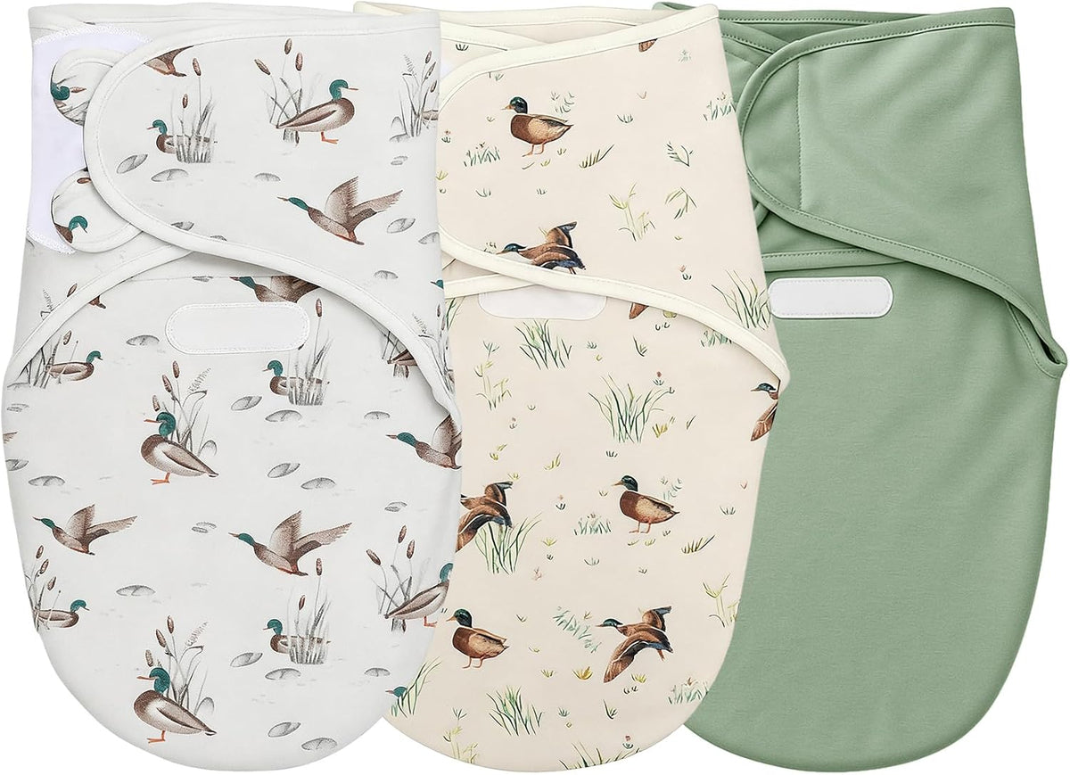 Oudain Juego de 3 mantas para envolver bebés con diseño de pato ánade real, de algodón orgánico, ajustables, para bebés de 0 a 3 meses. Regalo ideal para recién nacidos. Mantas suaves y transpirables para la habitación del bebé. Para niño y niña.