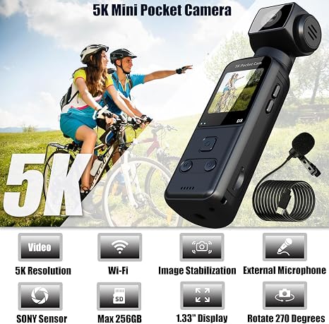 Cámara Corporal YONDENE 5K con Micrófono Externo — Lente Giratorio 270°, Mini Vlog de Bolsillo, 128GB Incluida, Deporte y Viaje