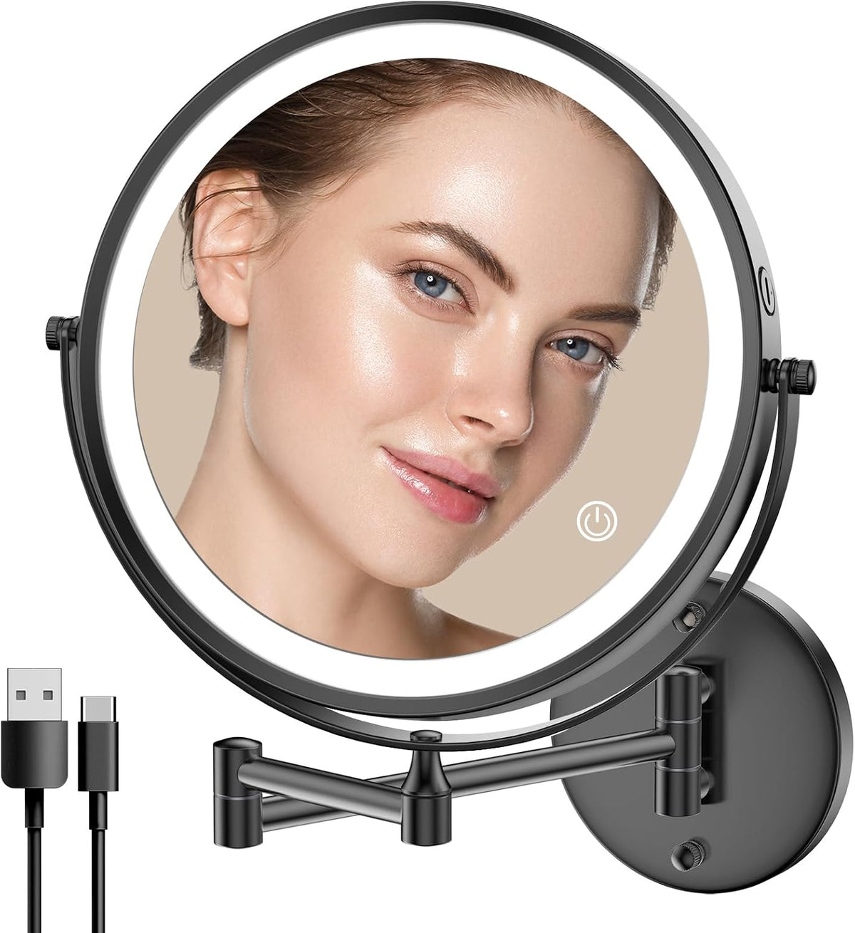Espejo de Maquillaje Iluminado de Pared 9'' | Doble Cara 1X/10X, LED 3 Colores, Regulable, Giro 360°