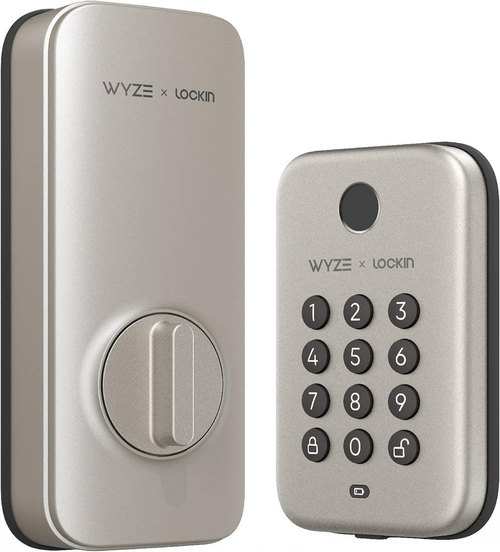 Cerrojo Wyze con bloqueo automático, desbloqueo por huella dactilar con teclado, cerradura electrónica inteligente para puerta de entrada, resistente a la intemperie IPX5, fácil instalación, acabado níquel satinado.