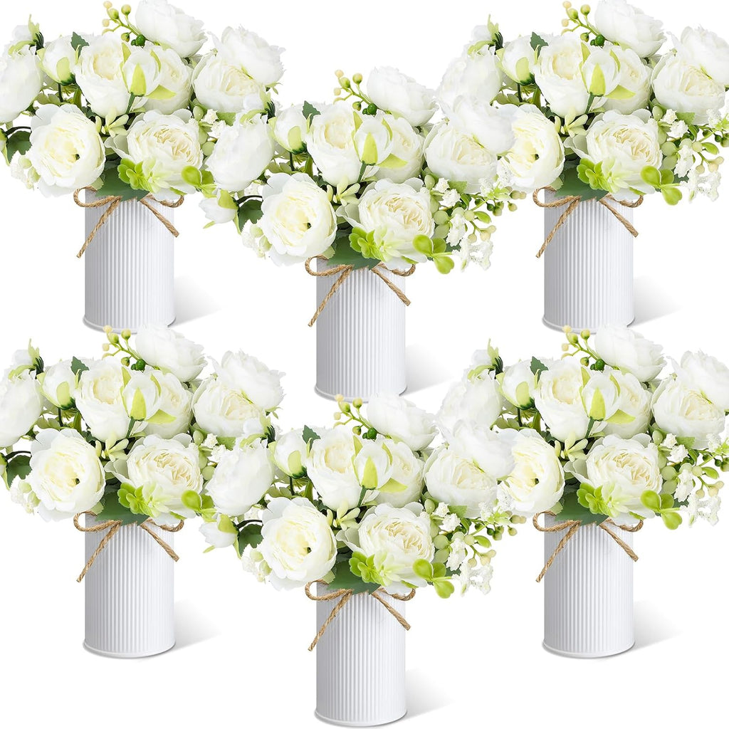 Solsew 6 juegos de flores artificiales de peonías, ramo de peonías con maceta de metal galvanizado, peonías artificiales de seda, arreglos florales artificiales para centros de mesa de bodas, fiestas, hogar y habitaciones (blanco)