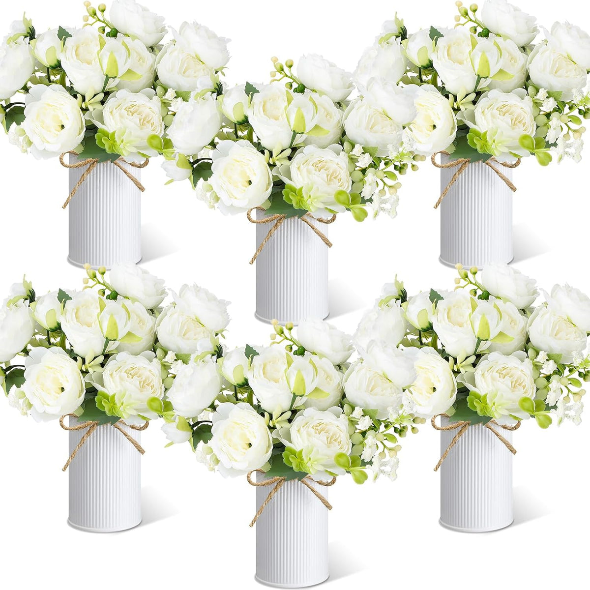 Solsew 6 juegos de flores artificiales de peonías, ramo de peonías con maceta de metal galvanizado, peonías artificiales de seda, arreglos florales artificiales para centros de mesa de bodas, fiestas, hogar y habitaciones (blanco)