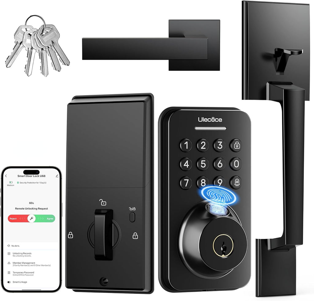 Cerradura Ulecoce con Huella y Teclado | Deadbolt con Manija | Entrada sin Llave | Control por App | Cierre Automático | Fácil de Instalar | Negro Mate