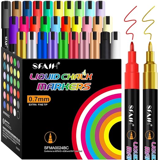 Marcadores de Tiza Líquida SFAIH — Set de 30 Colores Vibrantes, Punta Fina 0.7-1mm, para Pizarrón, Vidrio y Calendario