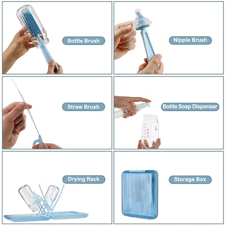 Juego de cepillos de limpieza de botellas 6 en 1 con cepillo de silicona para botellas, cepillo para pezones, cepillo para pajilla, dispensador de jabón, estante de secado para biberones y botellas