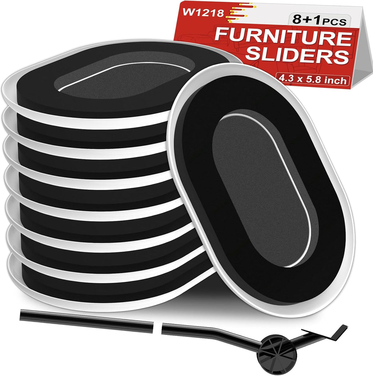 Set de Deslizadores para Muebles Mejorados | Para Alfombras, Almohadillas Ovaladas | 8 Deslizadores de 5.8 x 4.3 Pulgadas + 1 Elevador | Mueve Camas, Mesas y Gabinetes Fácilmente